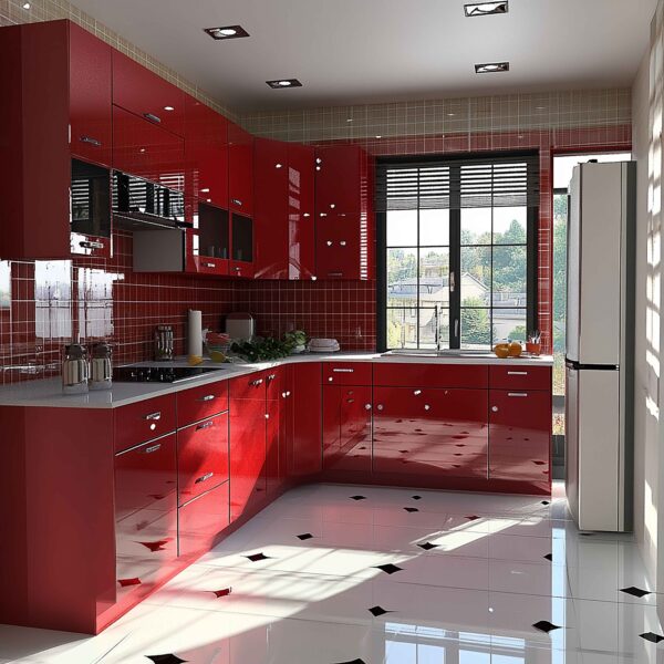 Bold Red Modular Kitchen with Glossy Finishes