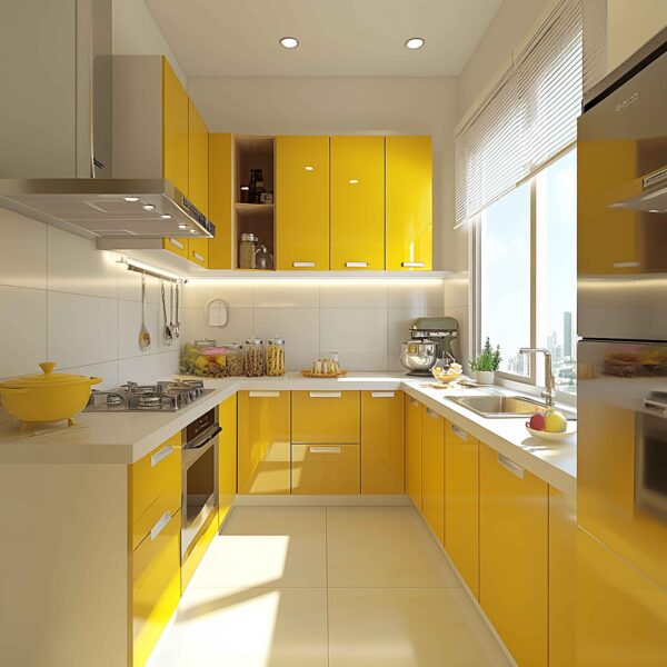 Vibrant Yellow U-Shaped Modular Kitchen with Sleek Finishes