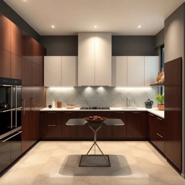 Sophisticated Walnut and White U-Shaped Modular Kitchen Design