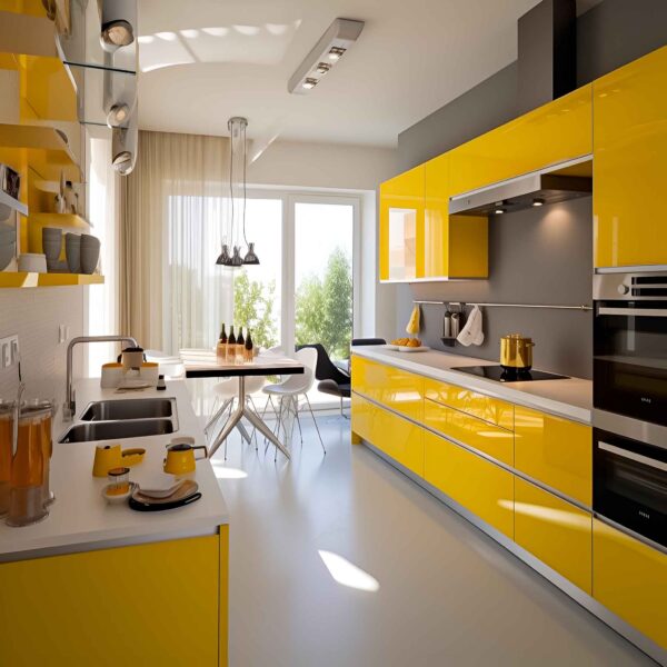 Vibrant Yellow Modular Kitchen with Glossy Finish